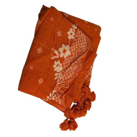 VTG Hollister Orange Boho Tassel Scarf Square Floral Print Wrap Shawl Bohemian - Picture 6 of 6